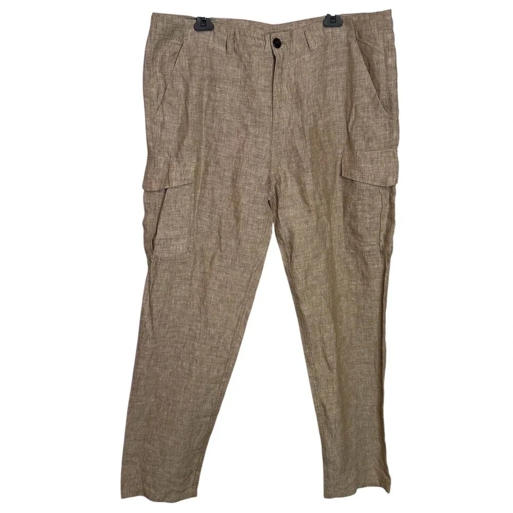 Armani Exchange Cargo Pants Mens 38 Tan Khaki 100% Linen Multi Pocket Utility